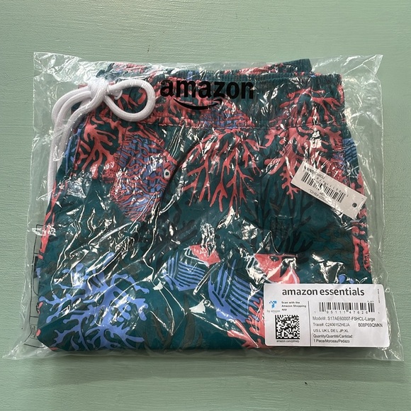 Amazon Essentials Mens 9" Quick-Dry Swim Trunk Teal Coral Tropical Print L NEW - Picture 6 of 10